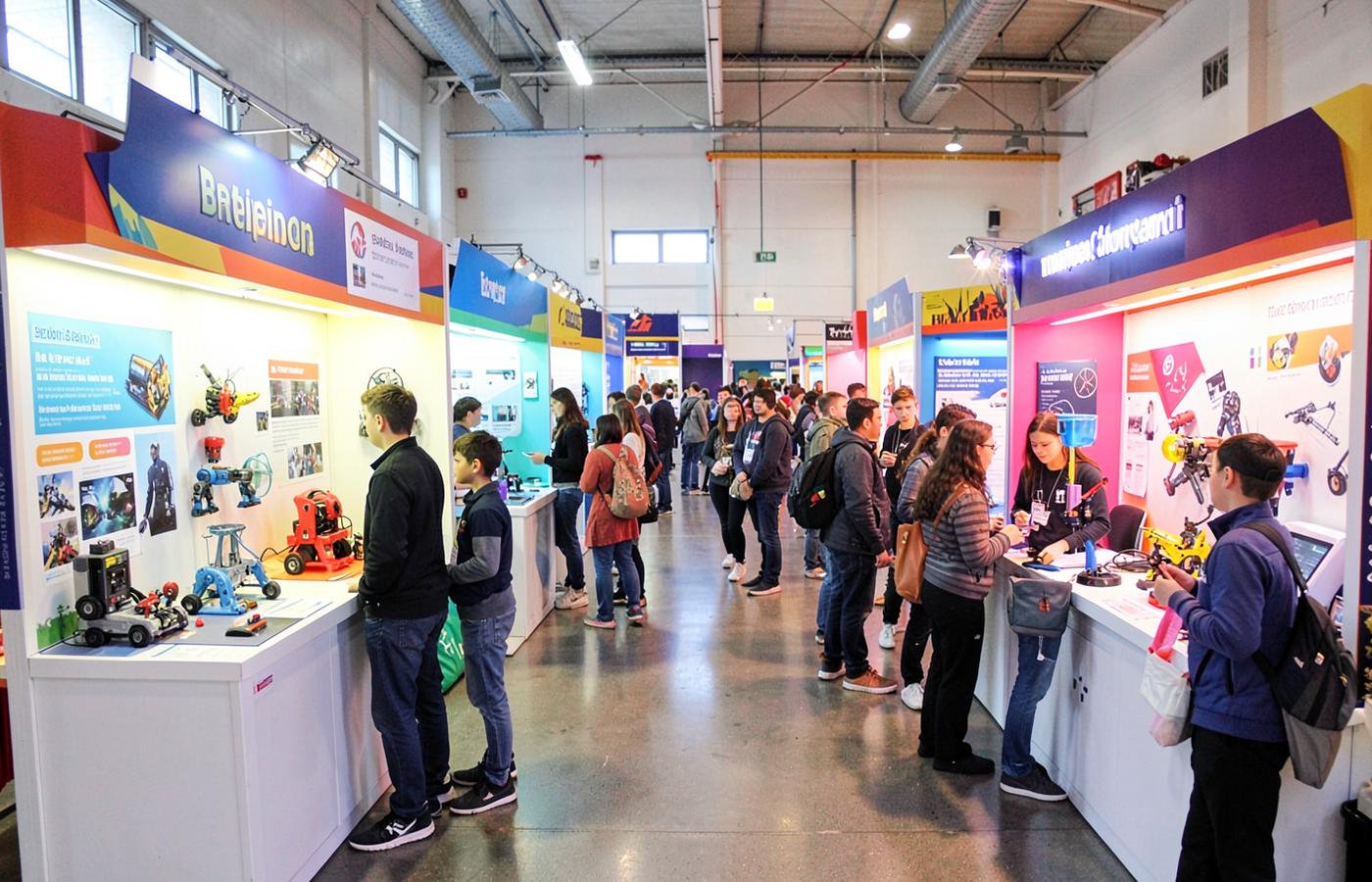 Students presenting robotics prototypes at colourful exhibition pods